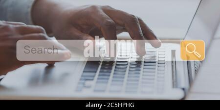 African american businessman browsing on laptop in office, closeup, collage Stock Photo