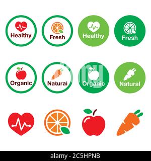 Organic food, heatlhy eating fresh and natural products vector icons set Stock Vector