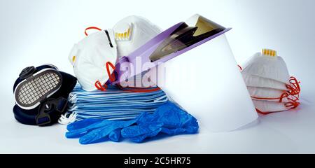 Antiviral protective means including masks on white background Stock Photo