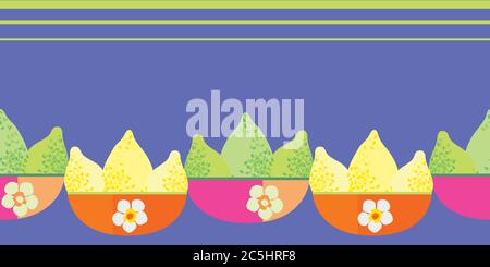 Vector border with limes and lemons in pink orange floral bowls. Seamless citrus fruit banner with space for text on purple backdrop. Hand drawn Stock Vector