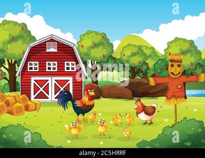 Farm scene with barn and windmill and chicken and scarerow illustration Stock Vector