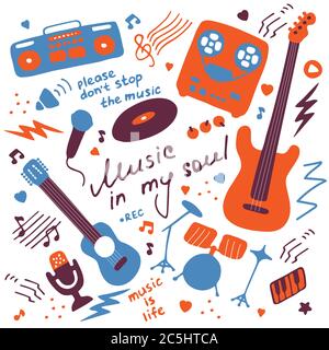 Musical hand-drawn icons. Doodle elements for print, digital, web. Hand-written inscription Music in my soul. Vector Stock Vector