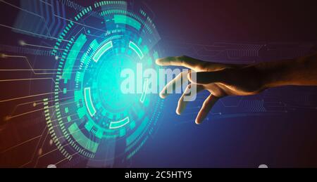 Advanced technologies. Collage of male hand touching virtual screen with high tech user interface, blue background Stock Photo