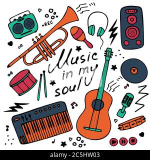 Set of musical emblem. Flat illustrations for digital and print. Musical icons set. Hand-written inscription Music in my soul. Vector Stock Vector