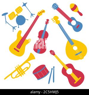 Hand-drawn musical instruments set. Doodle elements guitar, electric guitar, ukulele, trumpet, maracas, domra, violin. Vector Stock Vector