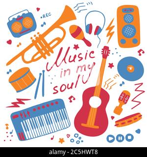 Set of musical emblem. Flat illustrations for digital and print. Musical icons set. Hand-written inscription Music in my soul. Vector Stock Vector
