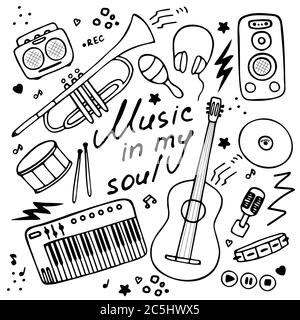 Collection of hand-drawn icons. Musical theme. Icons of musical instruments. Hand-written inscription Music in my soul. Vector Stock Vector