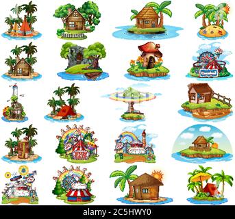 Set of different bangalows and island beach theme and amusement park isolated on white background illustration Stock Vector