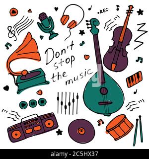 Collection of hand-drawn icons. Musical theme. Icons of musical instruments. Hand-written inscription Don t stop the music. Vector Stock Vector
