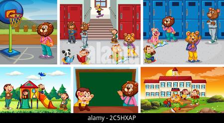 Set of animal student at school background illustration Stock Vector
