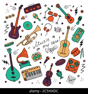 Music. Big set of icons for print and digital. Doodle elements of musical instruments. Hand written inscription Music in my soul. Vector Stock Vector