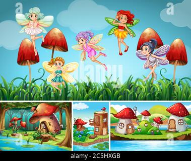 Four different scene of fantasy world with beautiful fairies in the fairy tale illustration Stock Vector