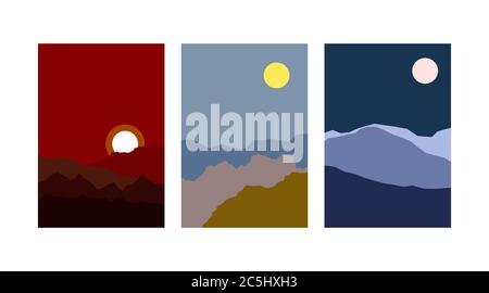 Minimalist mountain landscape, set of banners in japanese style, mountain sunsets and sunrises, vertical nature backgrounds Stock Vector