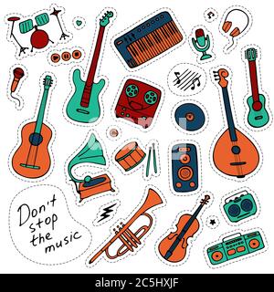 Musical sticker pack. Hand-drawn musical icons. Print icons and digital. Vector Stock Vector
