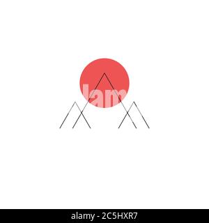 Mountains and sun minimal logo, minimalist line travel icon Stock Vector