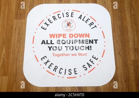 Haverhill, Suffolk  UK. 3rd July 2020 UK Prime Minister Boris Johnson has today announced that gyms may be able to re-open in two weeks time. The team at the independent gym Real Bodies in Haverhill near Cambridge is preparing for reopening. Owner Lee Button and his team are working hard to ensure that the gym is a safe and a well maintained area.  Credit: Headlinephoto/Alamy Live News Stock Photo