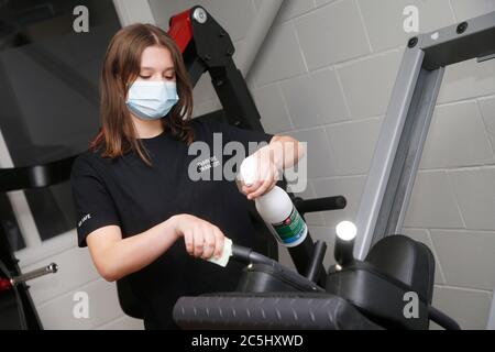 Haverhill, Suffolk  UK. 3rd July 2020 UK Prime Minister Boris Johnson has today announced that gyms may be able to re-open in two weeks time. The team at the independent gym Real Bodies in Haverhill near Cambridge is preparing for reopening. Owner Lee Button and his team are working hard to ensure that the gym is a safe and a well maintained area.  Credit: Headlinephoto/Alamy Live News Stock Photo