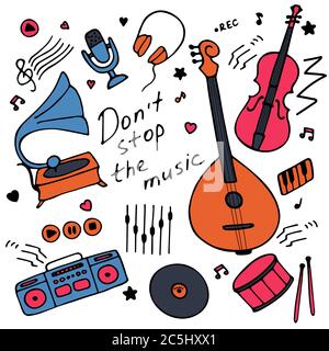 Music instruments icon set for print and digital. Hand drawn graphics. Hand-written inscription Don t stop the music. Vector Stock Vector