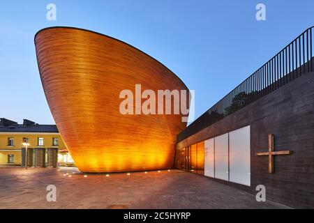 Helsinki, Finland - July 29, 2018: Kamppi Chapel - modern Finnish religious architecture Stock Photo