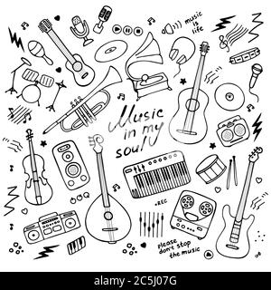 Music. Big set of icons for print and digital. Doodle elements of musical instruments. Hand written inscription Music in my soul. Vector Stock Vector