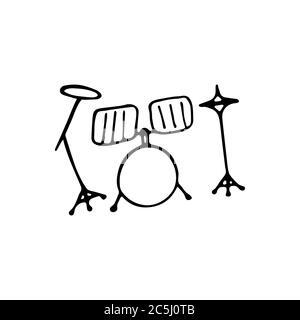 Single hand-drawn drum kit icon. Symbol of a musical instrument. Vector Stock Vector