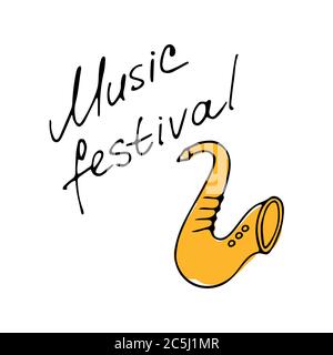 Hand writting inscriptions Music festival. Hand drawn saxophone icon. Vector Stock Vector