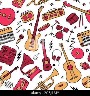 Hand drawn musical icon set. Seamless pattern for fabric and wallpaper. Vector Stock Vector