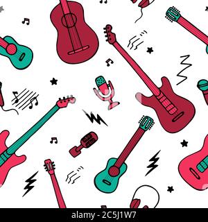 Musical pattern. Hand-drawn musical instruments icons. Seamless texture for wallpaper or fabric. Vector Stock Vector