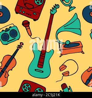 Musical pattern. Hand-drawn musical instruments icons. Seamless texture for wallpaper or fabric. Vector Stock Vector