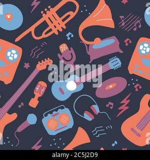 Bright seamless wallpaper. Musical texture for print and digital. Blue, pink, lilac colors. Vector Stock Vector
