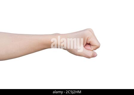 man's hand isolated on a white background. showing fist from side with clipping path. Stock Photo