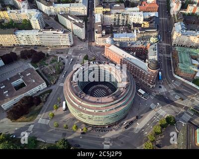 Helsinki / Finland - July 30, 2018: Aerial view of Circle house - Ympyrätalo, is a circle-shaped office building located in the Hakaniemi district. Th Stock Photo
