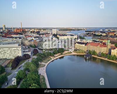 Helsinki / Finland - July 30, 2018: Aerial view of Circle house - Ympyrätalo, the Hakaniemi district, Eläintarhanlahti Stock Photo