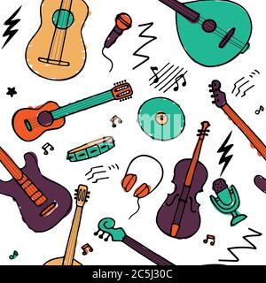 Hand drawn musical icon set. Seamless pattern for fabric and wallpaper. Vector Stock Vector
