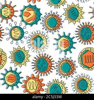 Virus types seamless pattern in colored line style. Microorganism symbols. Biology scientific background. Vector illustration. Stock Vector