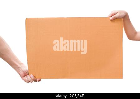 Two hand holding blank brown paper isolated on white background with clipping path Stock Photo
