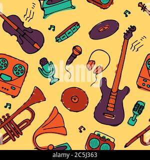 Hand drawn musical icon set. Seamless pattern for fabric and wallpaper. Vector Stock Vector