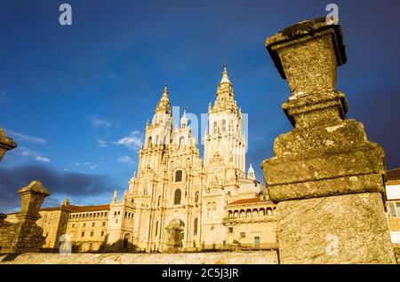 Santiago de Compostela, A Coruña province, Galicia, Spain - February 12th, 2020 : Baroque Obradoiro facade of the compostela Cathedral, the reputed bu Stock Photo