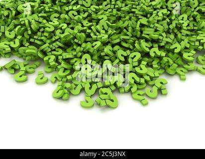 Big pile of green question marks on white background. 3D render Stock Photo