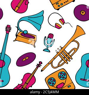 Musical pattern. Hand-drawn musical instruments icons. Bright seamless texture for wallpaper or fabric. Vector Stock Vector
