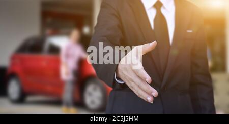 Businessman offering his hand for handshake in office. Concept of welcome for collaboration, introduction. Selective focus. Stock Photo