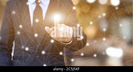 Businessman hands touching point network connection on blurred background. Wireless connect futuristic concept. Stock Photo