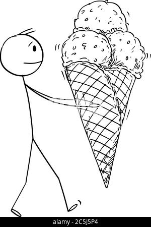 Vector cartoon stick figure drawing conceptual illustration of man holding big ice cream in waffle cone. Summer cold dessert. Stock Vector