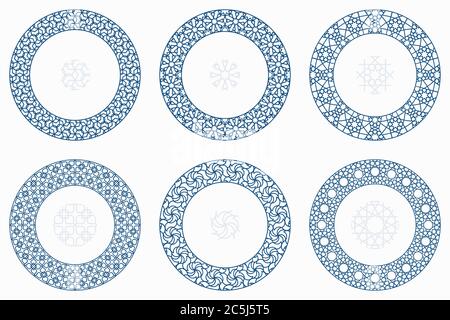 Arabic geometric round patterns set. Borders, frames. Vector illustration of round Islamic ornament elements with seamless pattern brushes Stock Vector