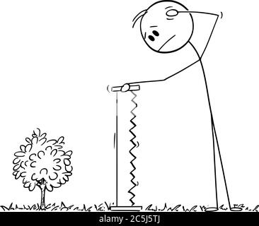 Vector cartoon stick figure drawing conceptual illustration of perplexed man holding big hand saw looking at small young plant tree, too small to be cut for firewood. Stock Vector