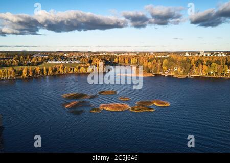 Aerial view of Laulurinne - venue for concerts and events. Joensuu, Finland. View of the lake shore and autumn nature Stock Photo