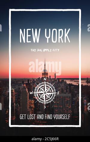 NYC, New York, United States, the big apple city. Trendy travel design, inspirational text art, cityscape sunset skyline background. Touristic adventu Stock Photo