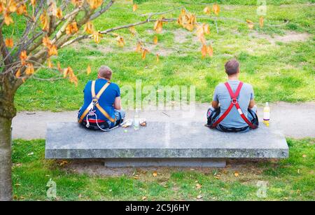social distancing 2 workers having their lunch break, coronavirus, Covid19,lockdown, concept Stock Photo