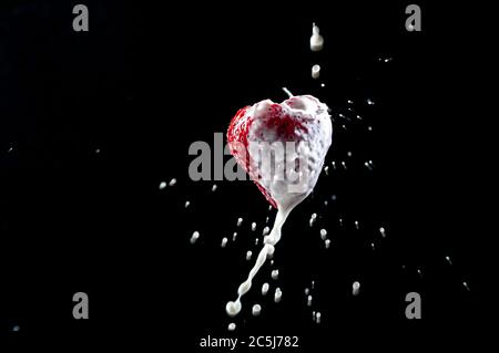 strawberries with cream and milk on a dark background isolate Stock Photo