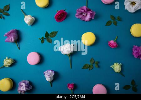 colorful flowers and macarons on blue background. top view Stock Photo